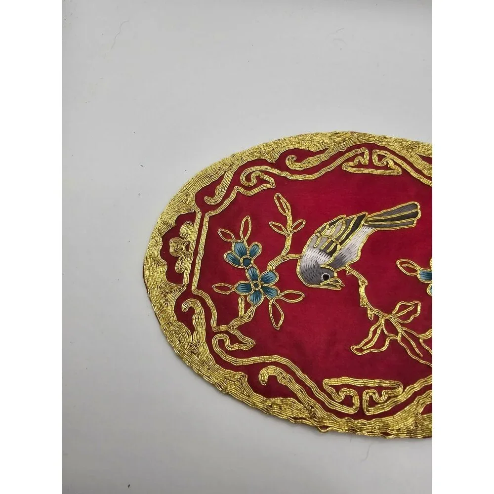 Vintage Oval Hand-Embroidered Bird & Floral Red‎ Silk Decorative Mat